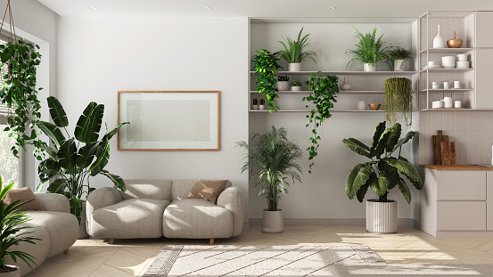 Indoor home garden concept. Kitchen and living room interior design in white tones. Parquet, sofa and many house plants. Urban jungle idea