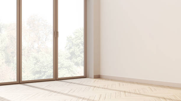 istock Wooden empty room interior design, open space with herringbone parquet floor, panoramic window, white walls, modern contemporary architecture concept idea 1495389304