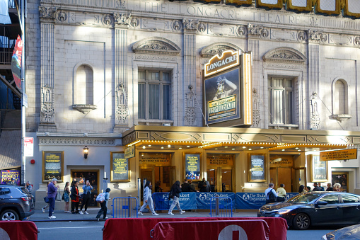 New York, NY, USA, April 13, 2023 - The Longacre Theatre, a Broadway theater located at 220 West 48th Street in the theater district of Midtown Manhattan in New York City, USA.