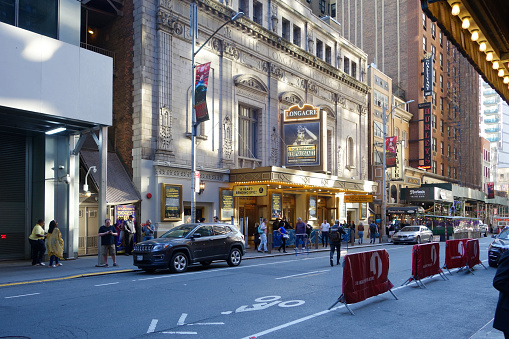 New York, NY, USA, April 13, 2023 - The Longacre Theatre, a Broadway theater located at 220 West 48th Street in the theater district of Midtown Manhattan in New York City, USA.