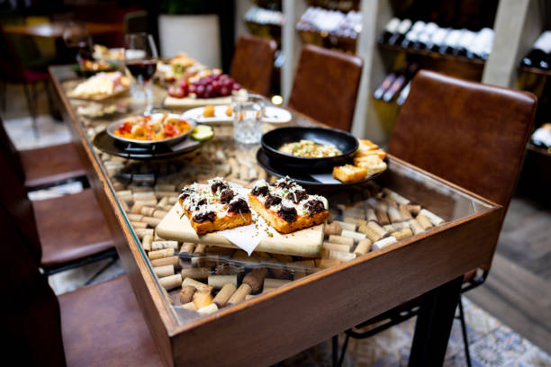 Close-up on delicious food served at a fine dining restaurant - food and drinks concepts