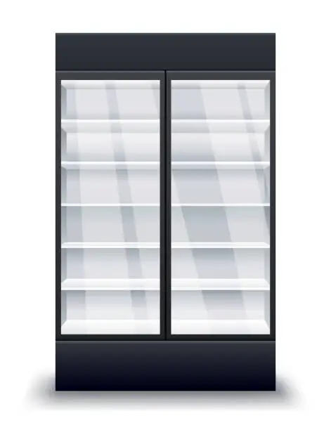 Vector illustration of Commercial fridge. Realistic empty refrigerator. Supermarket commercial freezer equipment. Freeze appliances for drinks and food