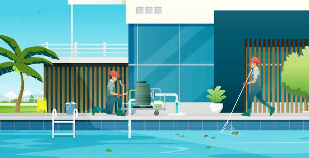 Vector illustration of Clean the swimming pool.