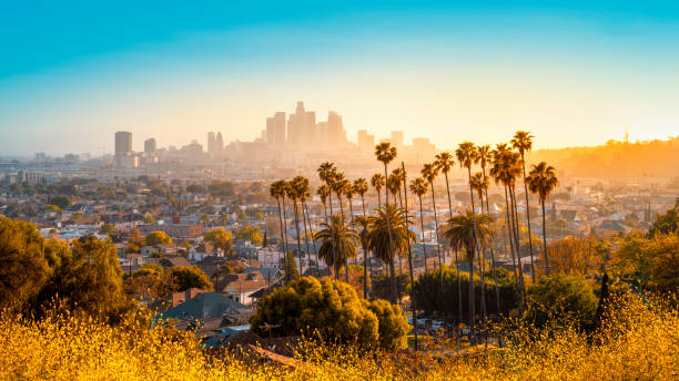 los angeles the skyline of los angeles during sunset los angeles county stock pictures, royalty-free photos & images