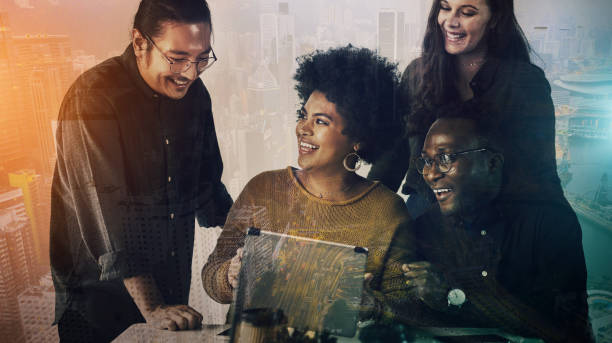 istock Teamwork, overlay and business people planning for future, strategy and brainstorming ideas in office. Collaboration, city double exposure and workers on tablet for research, website and b2b network 1495393797