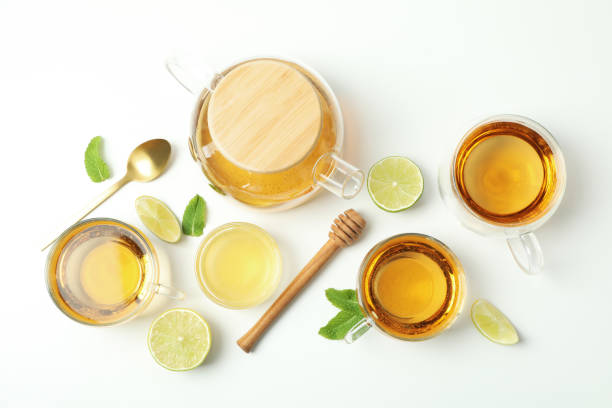 istock Concept of hot drink with buckwheat tea on white background 1495393896