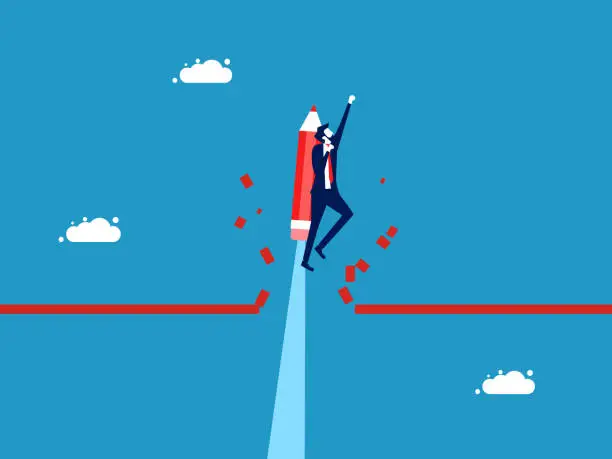 Vector illustration of Overcome business obstacles. Businessman flies with a pencil breaking the line