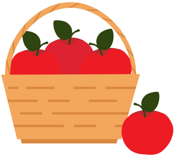 ilustrações de stock, clip art, desenhos animados e ícones de vector illustration of straw basket with red apples in cartoon style - basket apple wicker fruit