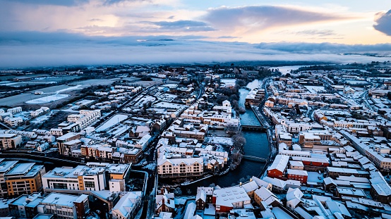 An aerial view of the Sligo cityscape covered in January snow