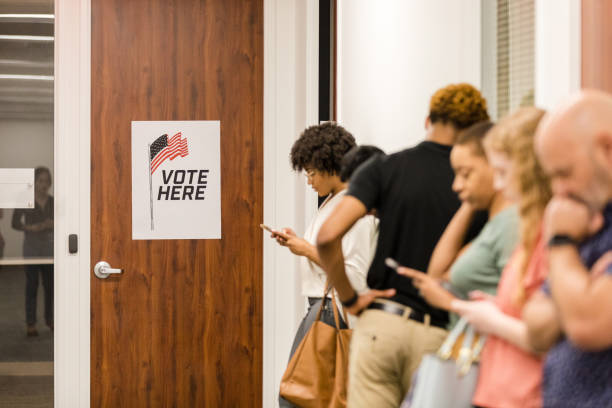 istock Unrecognizable, diverse American citizens line up to vote 1495396742