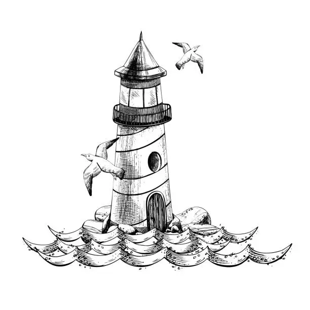 Vector illustration of Sea lighthouse on stones with waves and flying seagulls. EPS hand drawn black and white vector graphic illustration. Isolated composition on a white background.