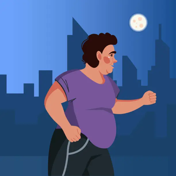 Vector illustration of Vector illustration with a young obese man running against the background of a night city