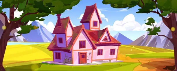 Vector illustration of House in forest near mountain vector landscape