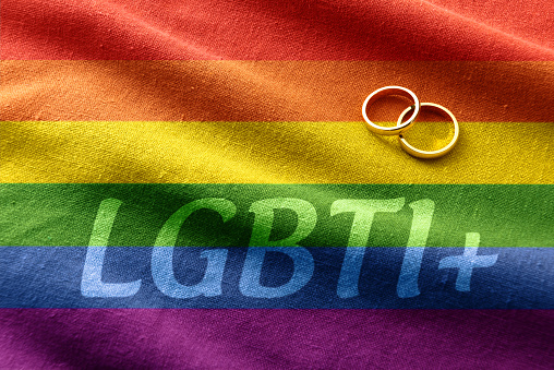 Conceptual detail of wedding between people of the lgbt collective with gold rings over textured flag with rainbow colors and text. Top view.