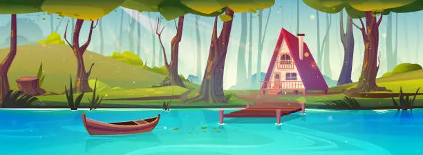 Vector illustration of Cartoon cottage in forest near blue lake