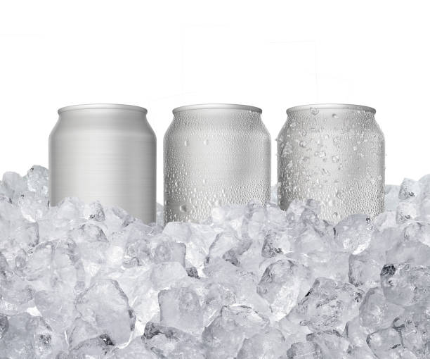 can of cold beverage, ice cube a of juicy. summer refreshing drink - drink sport cola can imagens e fotografias de stock
