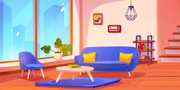 Vector illustration of House living room near stair cartoon background