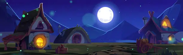 Vector illustration of Night village scene with cute fantasy dwarf house