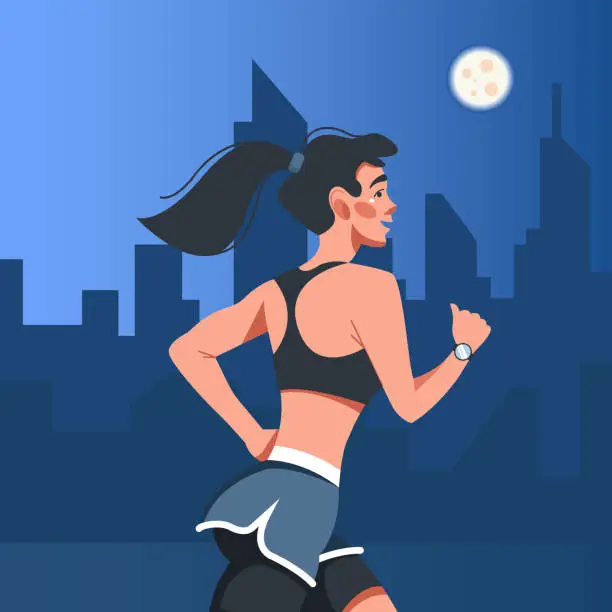 Vector illustration of A young brunette woman runs against the background of a night city. Vector