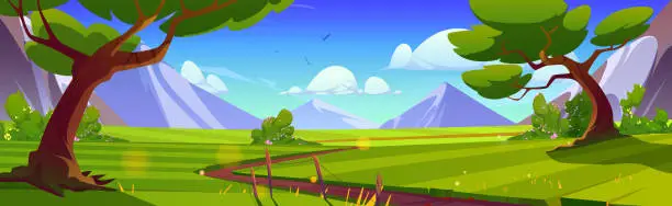 Vector illustration of Path road in forest near mountain and grass field