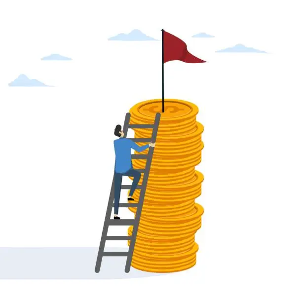 Vector illustration of Profit points. financial goals. long term, short term and medium term goals. Revenue growth or business, organization, company. A businessman climbs a ladder to get a flag on a tall pile of coins.