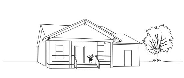 однолинейный рисунок небольшого дома на одну семью - detatched house stock illustrations