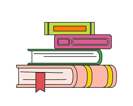 Four various thick books lying over each other in a pile, objects on topic of reading, studying, teaching. Retro doodle style set of colored objects with black outline. Simple flat design