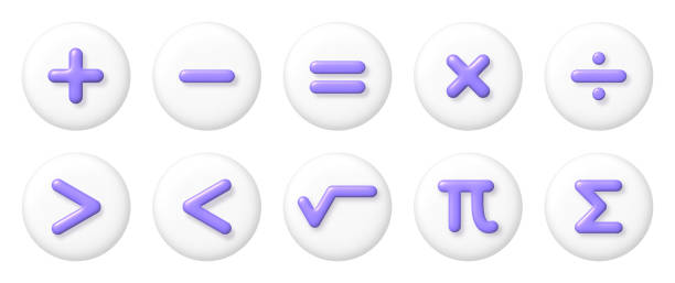 Math 3D icons set. Purple arithmetic plus, minus, equals, multiply and divide signs on white buttons. vector illustration. Math 3D icons set. Purple arithmetic plus, minus, equals, multiply and divide signs on white buttons. 3d realistic vector design element. math symbols 3d stock illustrations