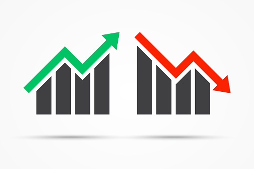 business investment graph up and down symbol on white background. stock market trend increase and decrease. vector illustration flat design.