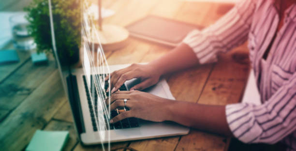 istock Computer overlay, software hologram and woman hands typing with web design technology. Website, futuristic online app and digital transformation of a it employee working on ux database and iot 1495409982