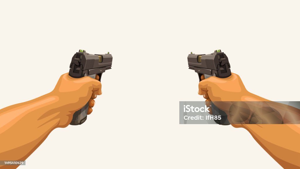 Gun In A Hand Male Hands Holding Two Guns Stock Illustration - Download Image Now ...