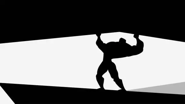 Vector illustration of heroic man silhouette holding a rock