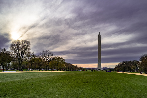 A view of the Washington Monument in Washington, DC as seen by looking down the Mall.