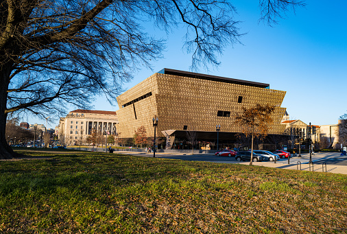 A view of the National Museum of African American History and Culture in Washington, DC. The museum opened in 2016 with a ceremony by President Obama.  This is a very popular spot for tourists coming to Washington DC to visit.