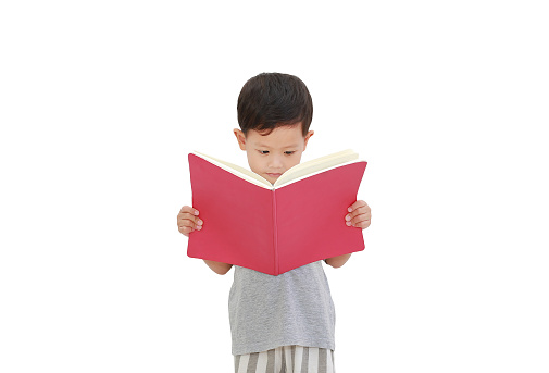 Portrait of Asian little baby boy age about 3 years old reading a book on white isolated background with clipping path. Education concept