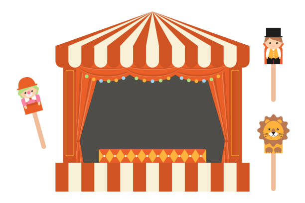 illustrazioni stock, clip art, cartoni animati e icone di tendenza di simpatico set di illustrazioni vettoriali del fumetto del circo: tenda, leone, clown. pupi. stile piatto - curtain red color image clown