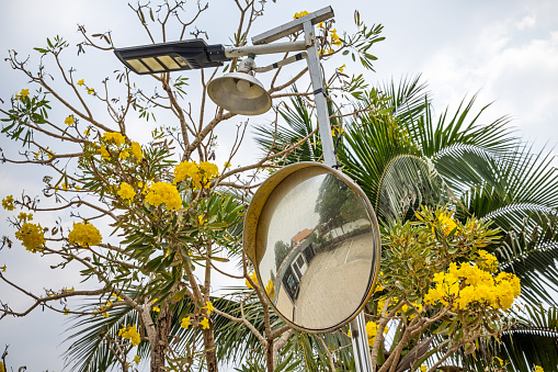 Luang Prabang, Laos - March 16th 2023: Street light and traffic mirror in tropical surroundings in a suburb to the former capital of Laos