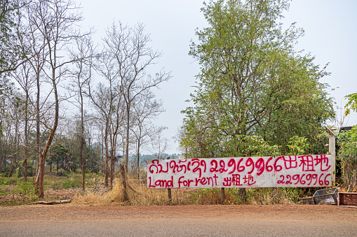 Luang Prabang, Laos - March 18th 2023:  Land for sale with a poster in three different alphabets in a suburb to the former capital of Laos