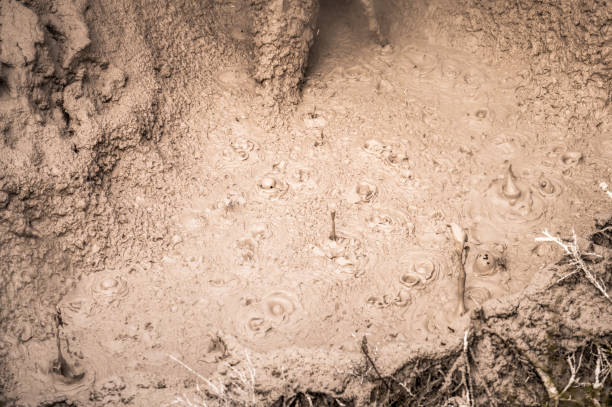 Detail of thermal mudpool in New Zealand, as bubbles cause splats of liquid mud to jump into the air.