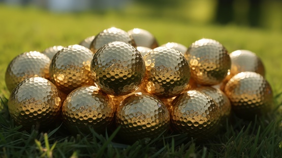 Golden color golf balls on grass