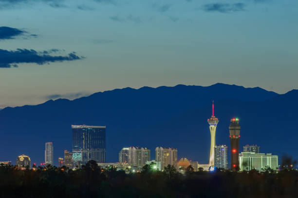 Las Vegas skyline at dusk with local freeway traffic
