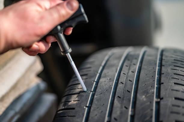 istock Reaming tool used to scarify and enlarge a tire puncture before inserting a repair plug 1495420417