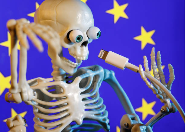 Very surprised skeleton toy with bulging eyes, holding a phone charging cable, he symbolizes USB Lightning connector dead for a European decision. stock photo