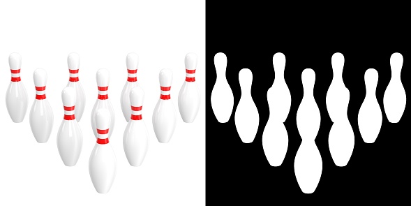 3D rendering illustration of a set of bowling pins