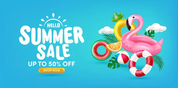 Vector illustration of Summer Sale poster or banner template With Pink Flamingo Pool Float,Fruit Pool Floats and Summer element on blue background.Promotion and shopping template for Summer season