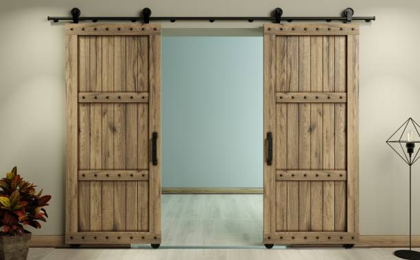 Barn Sliding Wooden Door in Loft Room 3d illustration. Modern interior in loft style barn sliding wooden door in loft room. Studio interior of old house garret stock pictures, royalty-free photos & images