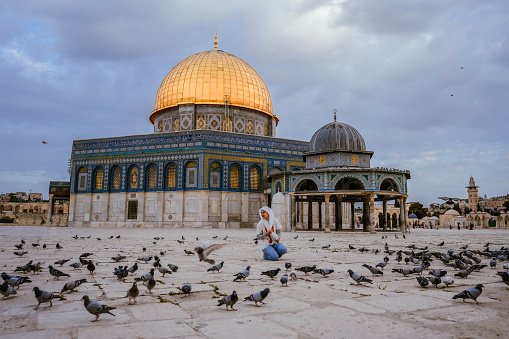 asian muslim woman feeding pigeons on the al Aqsa mosque area
