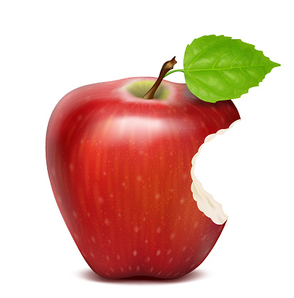 Red apple with green leaf and bite, isolated