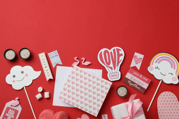 istock Valentine's Day accessories on red background, space for text 1495427913