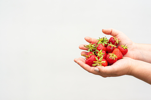 sweet red strawberry in the hand on a white background, delicious berry, vitamins, diet, fruit, farm product, vegetarian